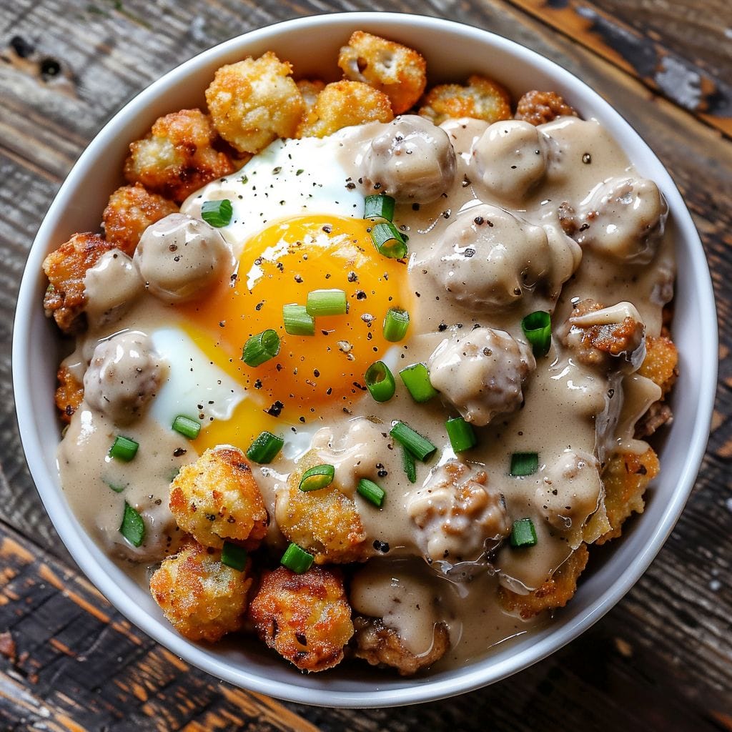 Tater Tot Breakfast Bowl with Sausage Gravy