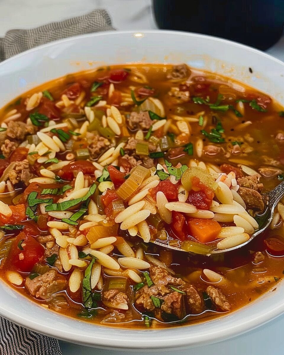 
ITALIAN SAUSAGE SOUP WITH ORZO