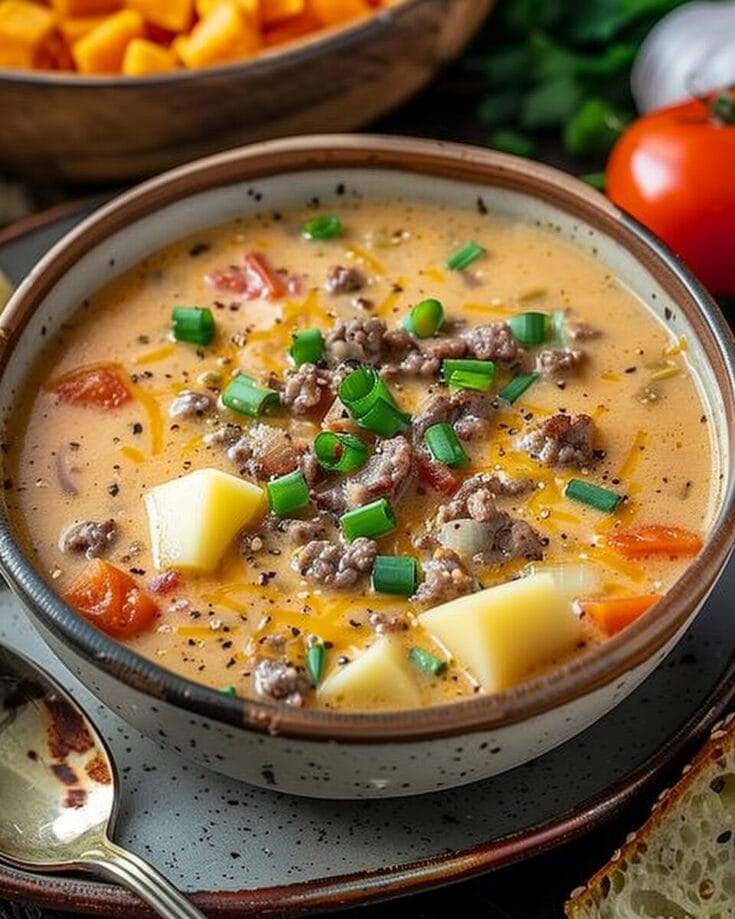 Slow Cooker Cheesy Burger Flavored Soup